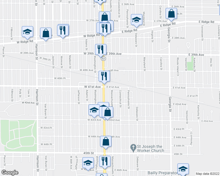 map of restaurants, bars, coffee shops, grocery stores, and more near 31 East 41st Avenue in Gary