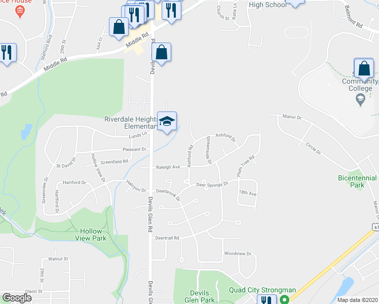 map of restaurants, bars, coffee shops, grocery stores, and more near Ashford Road in Bettendorf