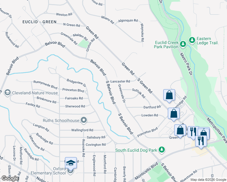 map of restaurants, bars, coffee shops, grocery stores, and more near 219 South Belvoir Boulevard in South Euclid