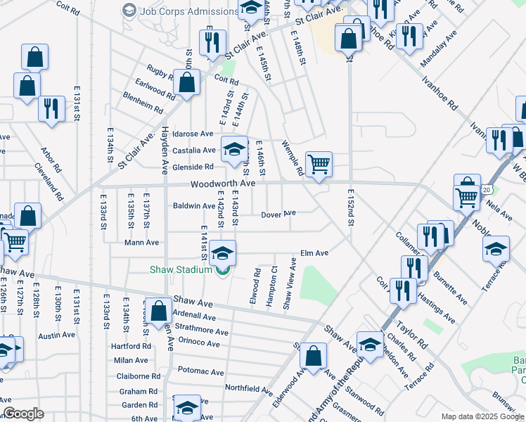 map of restaurants, bars, coffee shops, grocery stores, and more near 1268 East 145th Street in East Cleveland