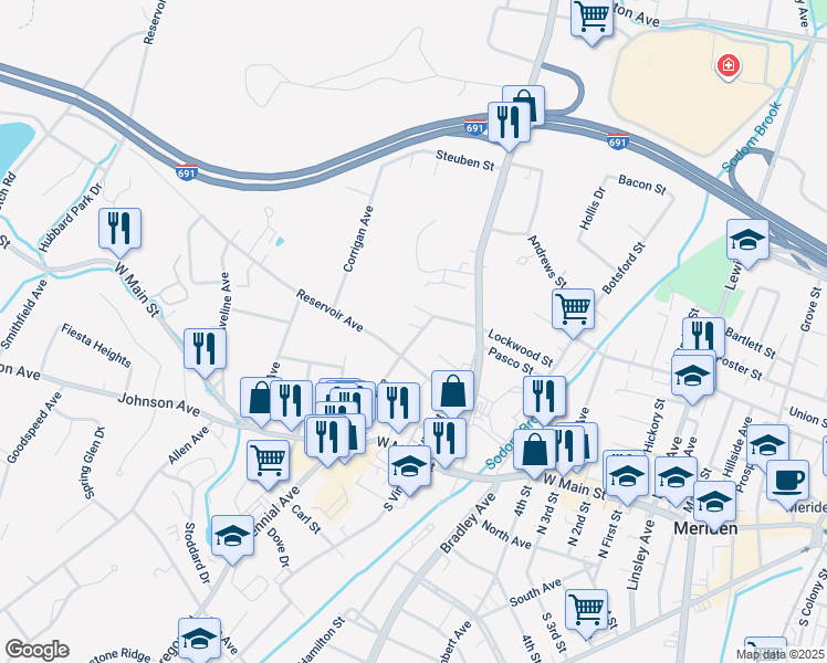 map of restaurants, bars, coffee shops, grocery stores, and more near 124 Fowler Avenue in Meriden