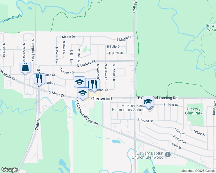 map of restaurants, bars, coffee shops, grocery stores, and more near 117 South Willow Lane in Glenwood