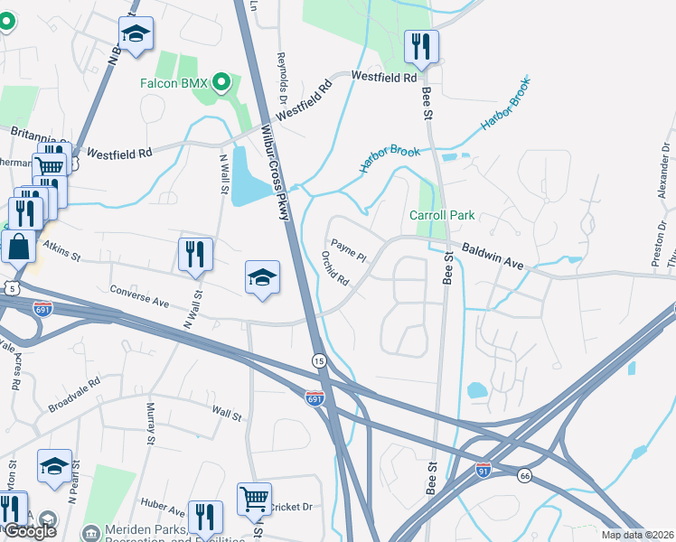 map of restaurants, bars, coffee shops, grocery stores, and more near 21 Orchid Road in Meriden