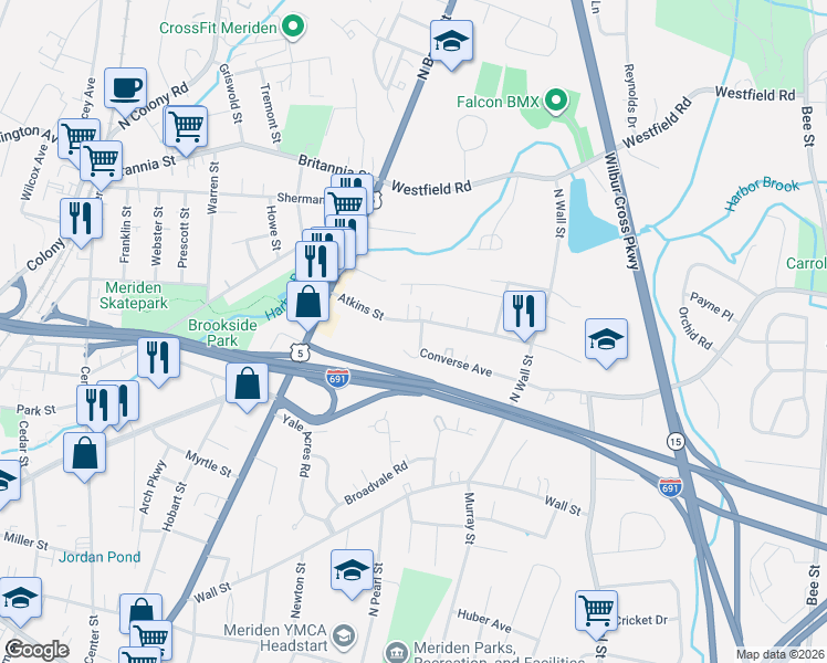 map of restaurants, bars, coffee shops, grocery stores, and more near 79 Atkins Street in Meriden