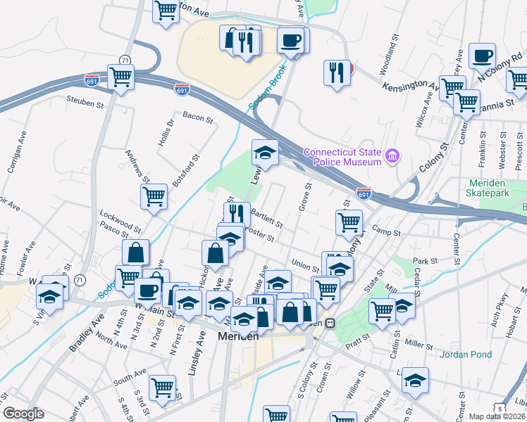 map of restaurants, bars, coffee shops, grocery stores, and more near 2 James Street in Meriden