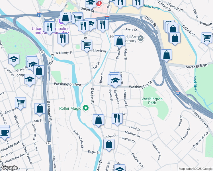 map of restaurants, bars, coffee shops, grocery stores, and more near 61 Washington Street in Waterbury
