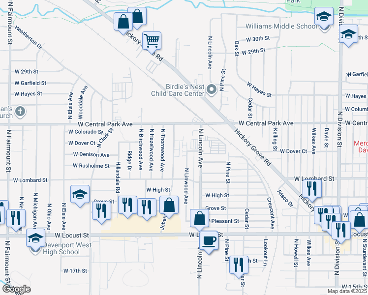 map of restaurants, bars, coffee shops, grocery stores, and more near 2333 Jebens Avenue in Davenport