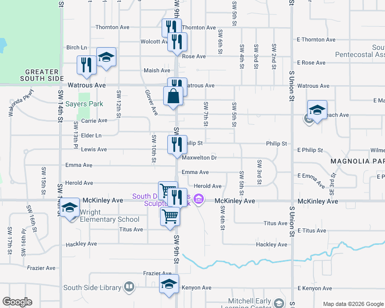 map of restaurants, bars, coffee shops, grocery stores, and more near 709 Maxwelton Drive in Des Moines