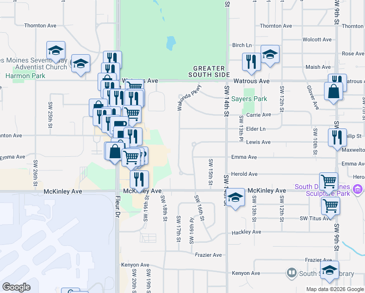 map of restaurants, bars, coffee shops, grocery stores, and more near 4509 Wakonda Parkway in Des Moines