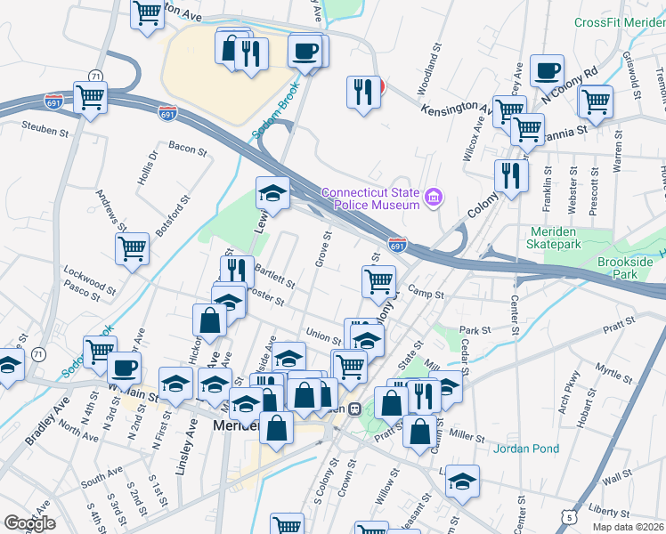 map of restaurants, bars, coffee shops, grocery stores, and more near 40 Platt Avenue Exn in Meriden