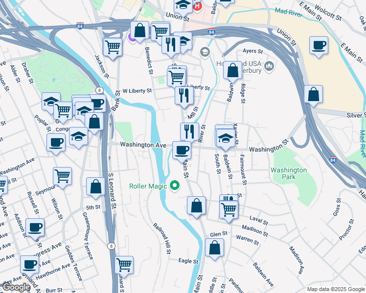 map of restaurants, bars, coffee shops, grocery stores, and more near 952 South Main Street in Waterbury