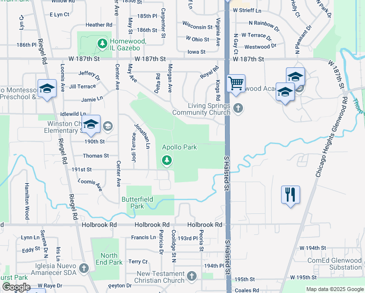 map of restaurants, bars, coffee shops, grocery stores, and more near 18960 South Halsted Street in Homewood