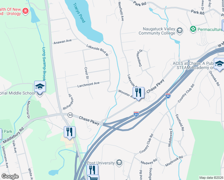 map of restaurants, bars, coffee shops, grocery stores, and more near 110 Wooster Avenue in Waterbury