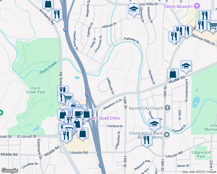 map of restaurants, bars, coffee shops, grocery stores, and more near 2 Oakbrook Drive in Bettendorf