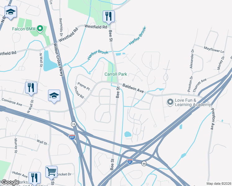 map of restaurants, bars, coffee shops, grocery stores, and more near 648 Bee Street in Meriden