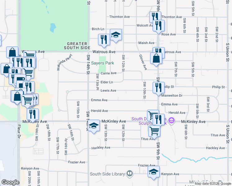 map of restaurants, bars, coffee shops, grocery stores, and more near 1210 Lewis Ave in Des Moines