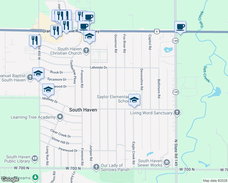 map of restaurants, bars, coffee shops, grocery stores, and more near 755 Heritage Road in Valparaiso