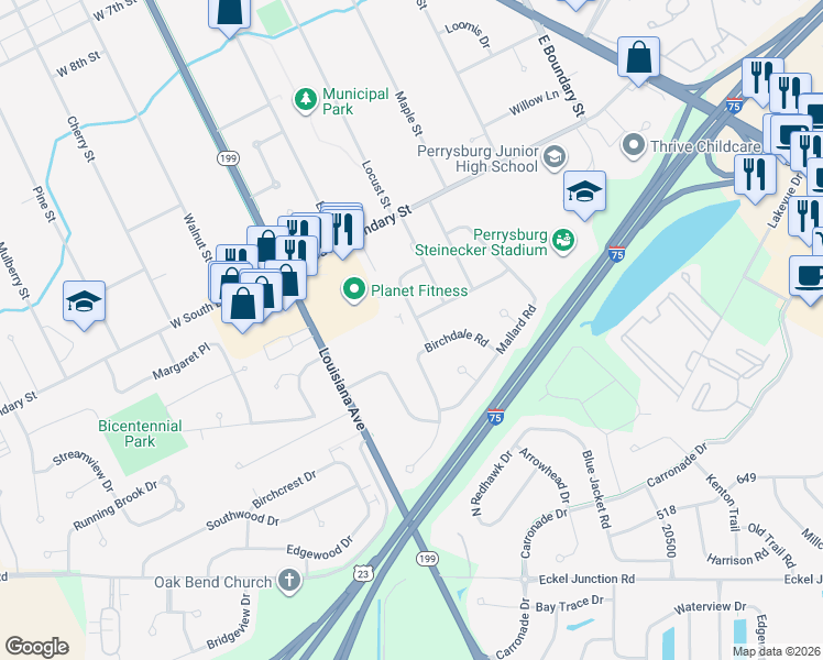 map of restaurants, bars, coffee shops, grocery stores, and more near 16 Quail Road in Perrysburg