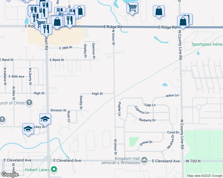 map of restaurants, bars, coffee shops, grocery stores, and more near 406 North Union Street in Hobart