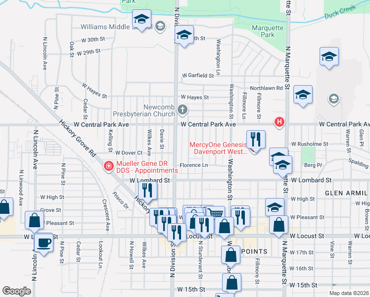 map of restaurants, bars, coffee shops, grocery stores, and more near 2414 Madison Street in Davenport
