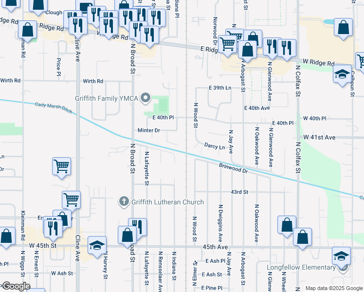 map of restaurants, bars, coffee shops, grocery stores, and more near 1222 Rensselaer Court in Griffith