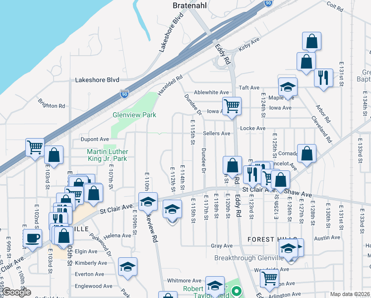 map of restaurants, bars, coffee shops, grocery stores, and more near 491 East 114th Street in Cleveland