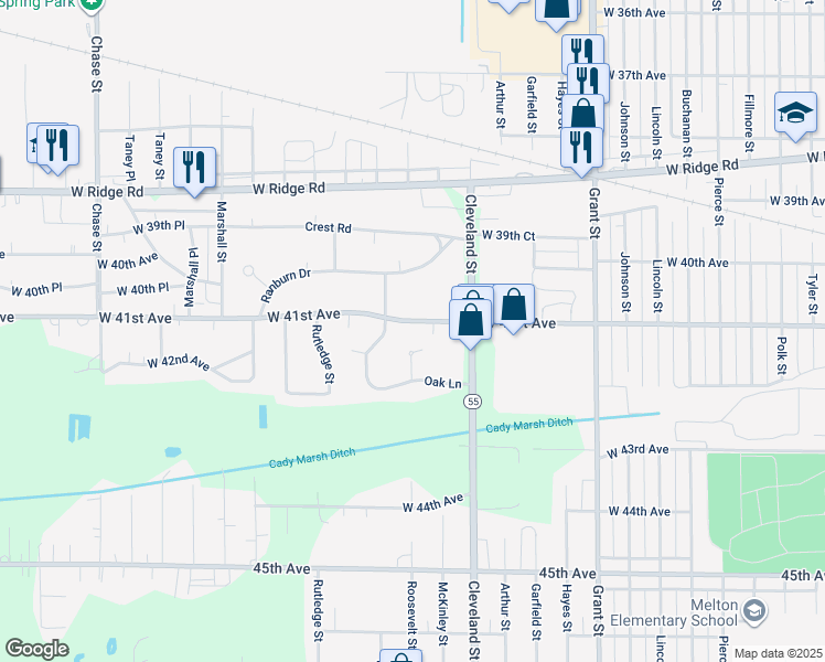 map of restaurants, bars, coffee shops, grocery stores, and more near 2145 West 41st Avenue in Gary