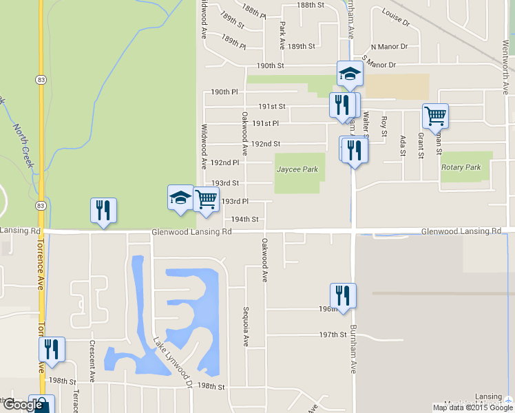 map of restaurants, bars, coffee shops, grocery stores, and more near 2931 193rd Place in Lansing