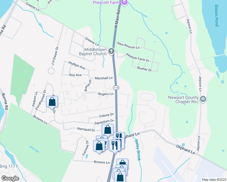 map of restaurants, bars, coffee shops, grocery stores, and more near 11 Rogers Lane in Middletown