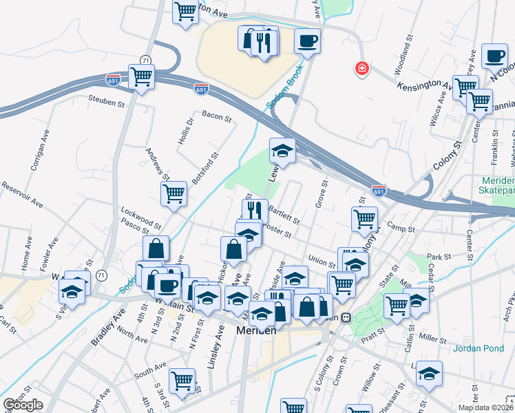 map of restaurants, bars, coffee shops, grocery stores, and more near 192 Lewis Avenue in Meriden