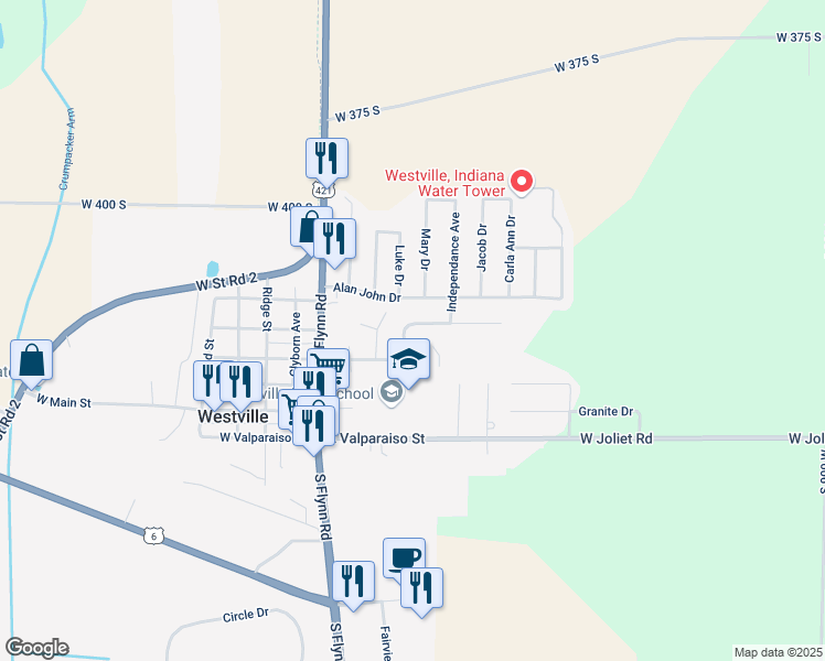 map of restaurants, bars, coffee shops, grocery stores, and more near 300 East Jefferson Street in Westville
