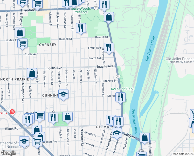 map of restaurants, bars, coffee shops, grocery stores, and more near 1104 Elizabeth Street in Joliet