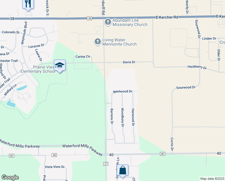 map of restaurants, bars, coffee shops, grocery stores, and more near 17691 Bentwood Drive in Goshen