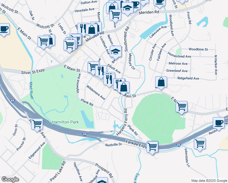 map of restaurants, bars, coffee shops, grocery stores, and more near 24 Knoll Street in Waterbury