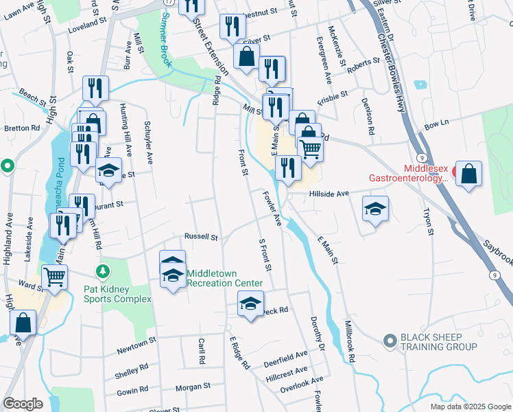 map of restaurants, bars, coffee shops, grocery stores, and more near 174 Front Street in Middletown