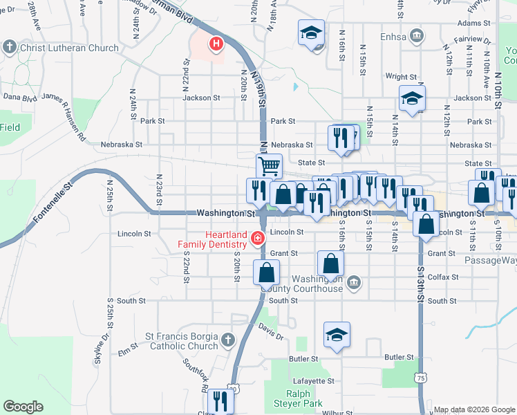 map of restaurants, bars, coffee shops, grocery stores, and more near 1904 Washington Street in Blair