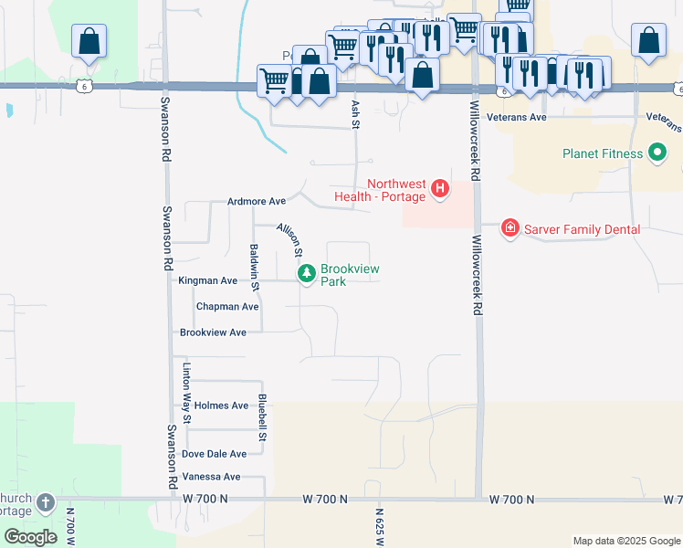 map of restaurants, bars, coffee shops, grocery stores, and more near 5836 Kingman Avenue in Portage