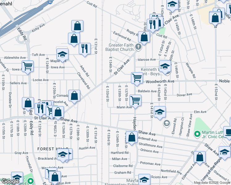 map of restaurants, bars, coffee shops, grocery stores, and more near 1257 East 134th Street in East Cleveland