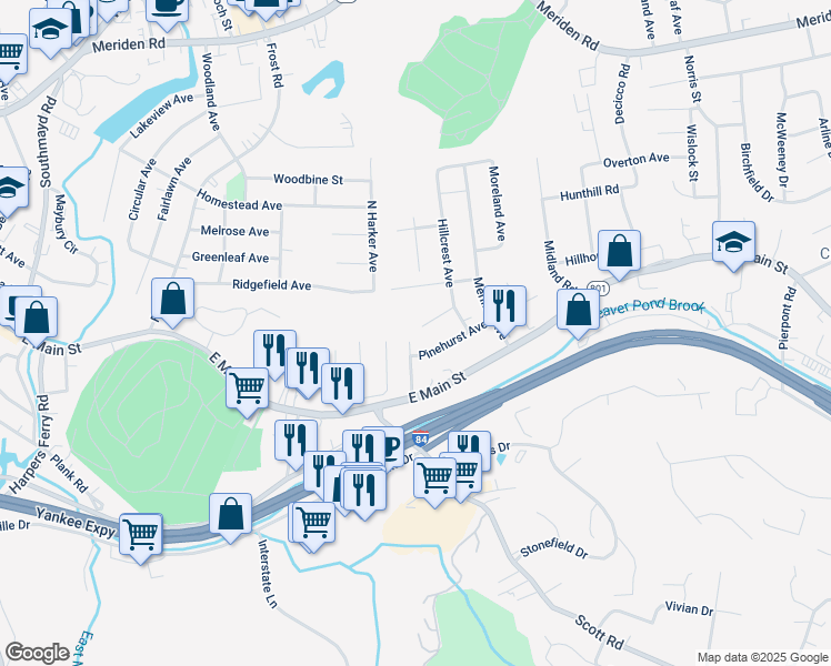 map of restaurants, bars, coffee shops, grocery stores, and more near 64 Whitecroft Lane in Waterbury