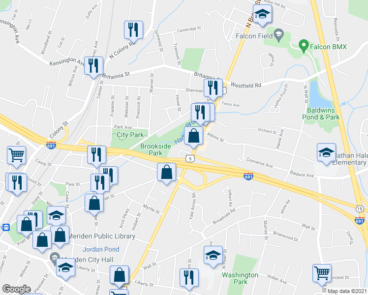 map of restaurants, bars, coffee shops, grocery stores, and more near 480 Pratt Street Extension in Meriden