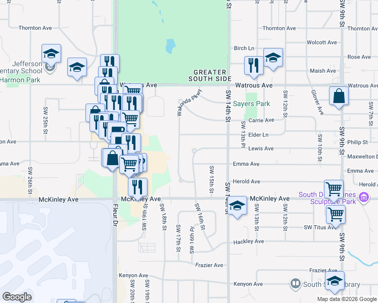 map of restaurants, bars, coffee shops, grocery stores, and more near 4509 Wakonda Parkway in Des Moines