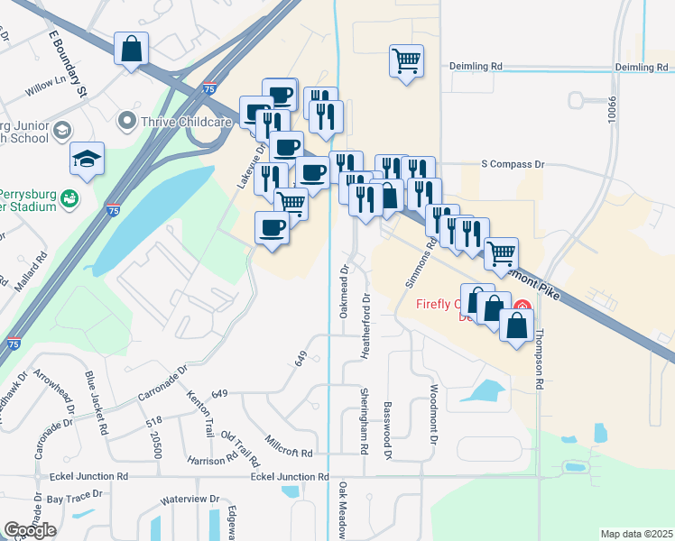 map of restaurants, bars, coffee shops, grocery stores, and more near 27005 Oakmead Drive in Perrysburg