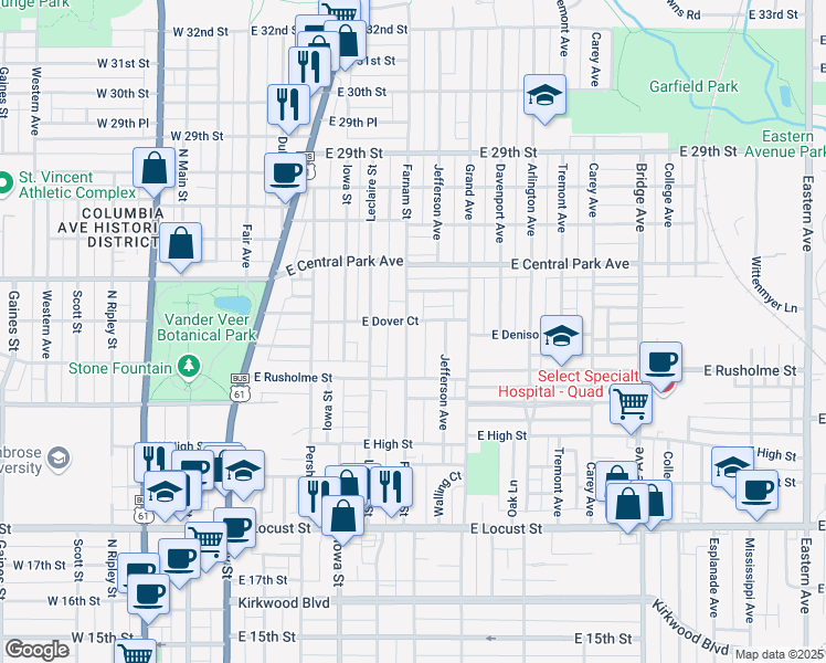 map of restaurants, bars, coffee shops, grocery stores, and more near 2349 Farnam Street in Davenport