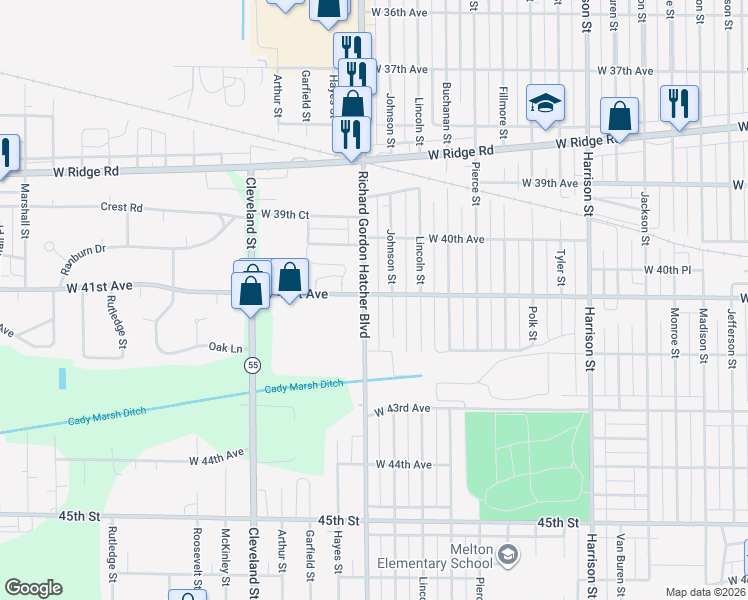 map of restaurants, bars, coffee shops, grocery stores, and more near 1555 West 41st Avenue in Gary