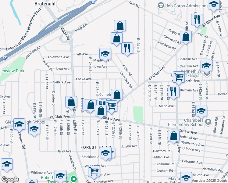 map of restaurants, bars, coffee shops, grocery stores, and more near 506 East 128th Street in Cleveland