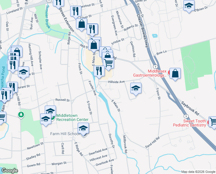 map of restaurants, bars, coffee shops, grocery stores, and more near 3 Russell Court in Middletown