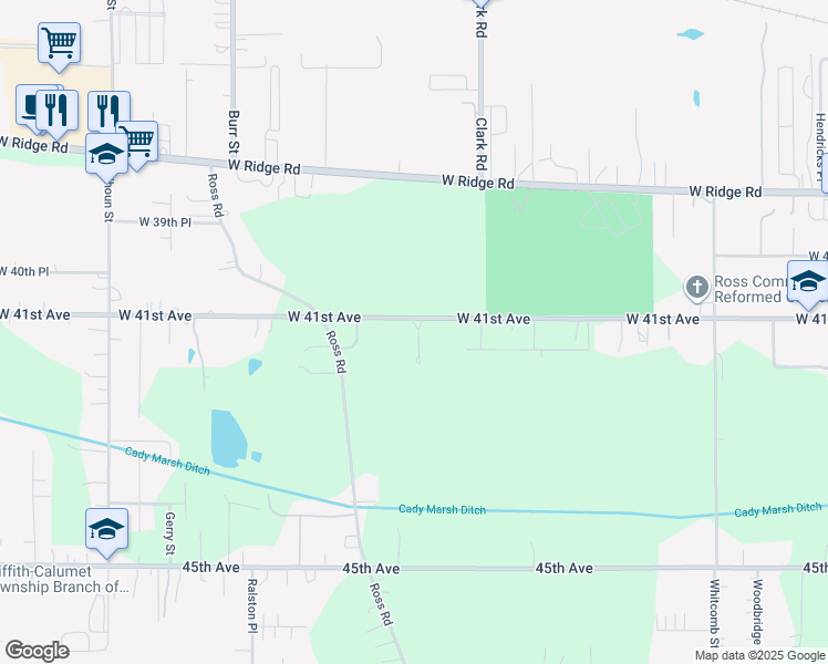 map of restaurants, bars, coffee shops, grocery stores, and more near 4104 Silver Court in Gary