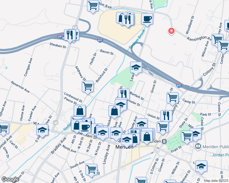 map of restaurants, bars, coffee shops, grocery stores, and more near 41 Water Street in Meriden