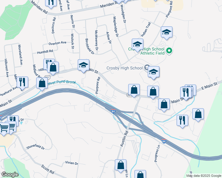 map of restaurants, bars, coffee shops, grocery stores, and more near 3378 East Main Street in Waterbury