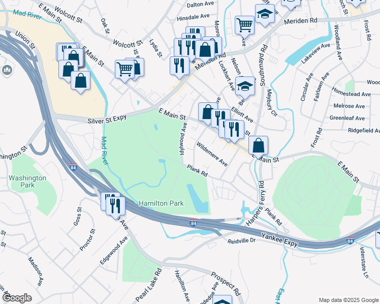 map of restaurants, bars, coffee shops, grocery stores, and more near 75 Idylwood Avenue in Waterbury